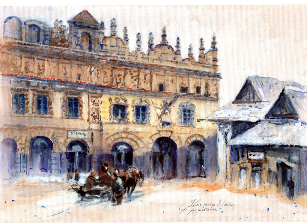 Autorska akwarela na papierze w formacie 21x30 cm przedstawiająca malowniczy pejzaż z Kazimierza Dolnego.