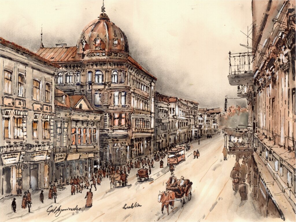 Autorska akwarela na papierze przedstawiająca klimatyczny pejzaż miejski z Lublina z historyczną zabudową.